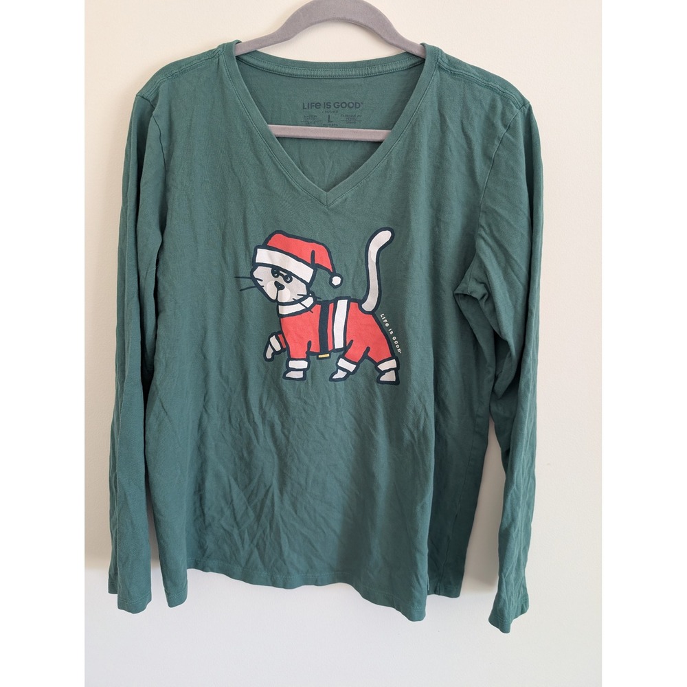 Life is Good Womens L Crusher Vee Long Sleeve Green Santa Cat Christmas T-Shirt